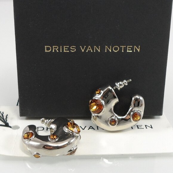 NWT$725 Dries Van Noten Brass Silver Colored Crystal Embellished Hoop Earrings - Picture 11 of 16